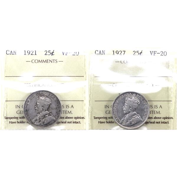 25-cent 1921 & 1927 ICCS Certified VF-20. 2pcs