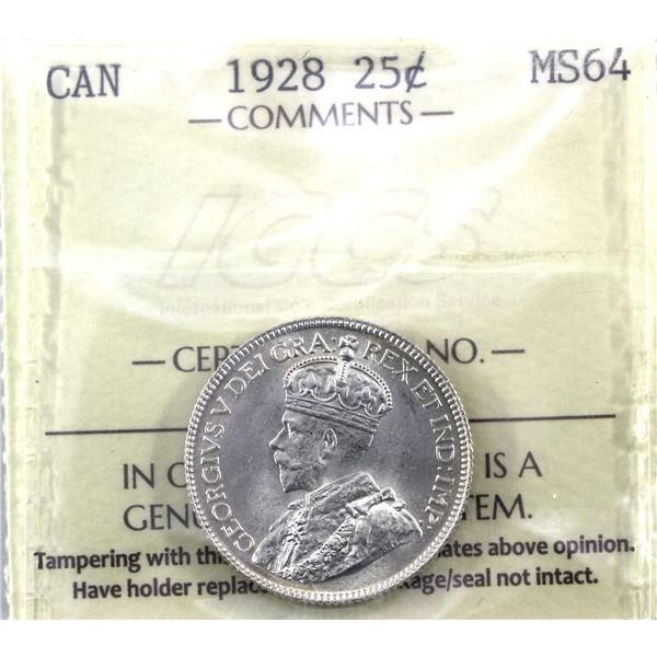 25-cent 1928 ICCS Certified MS-64. Frosted White finish with great eye appeal.