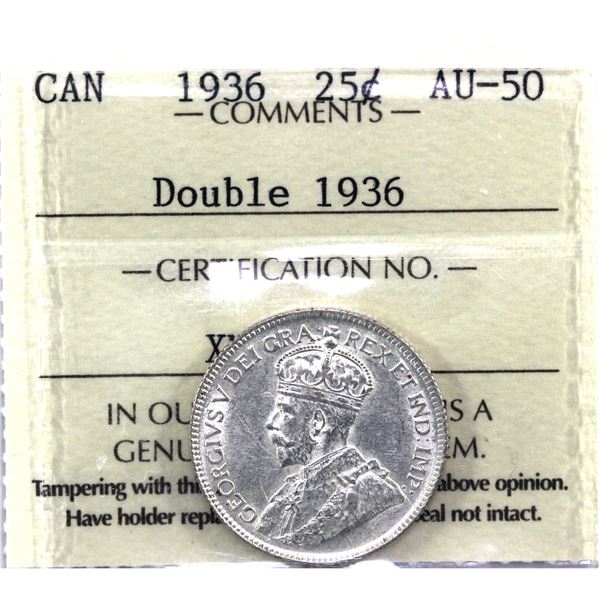 25-cent 1936 Double 1936 ICCS Certified AU-50. Rare!