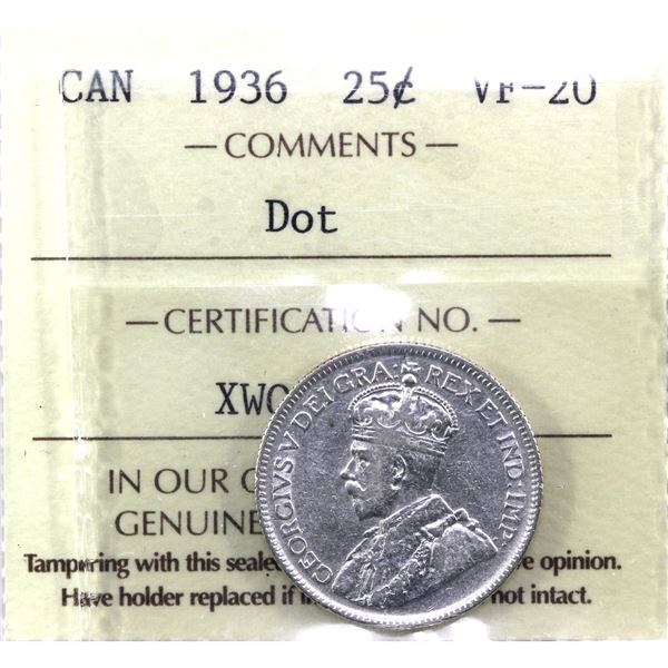 25-cent 1936 Dot ICCS Certified VF-20