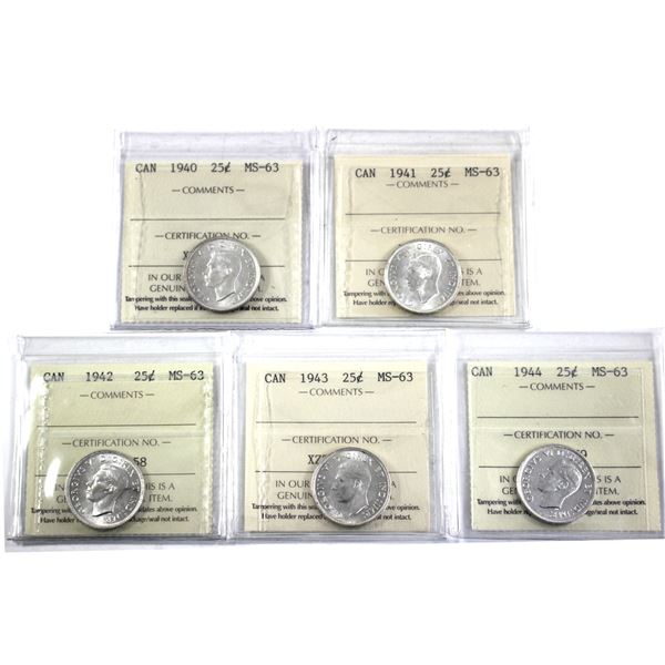 25-cent 1940,1941,1942,1943, & 1944 ICCS Certified MS-63. 5pcs