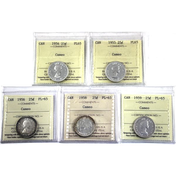 25-cent 1954,1955,1956,1958 & 1959 ICCS Certified PL-65 Cameo. 5pcs