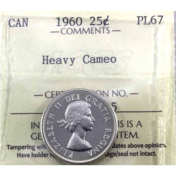 25-cent 1960 ICCS Certified PL-67 Heavy Cameo.