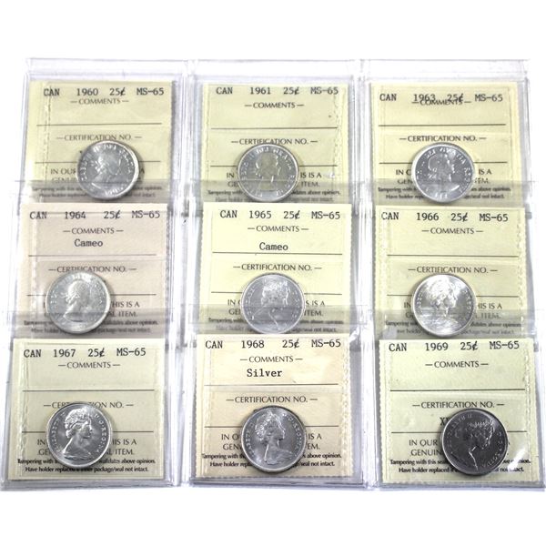 25-cent 1960,1961,1963,1964 Cameo, 1965 Cameo, 1966,1967,1968 Silver & 1969 ICCS Certified MS-65. 9p