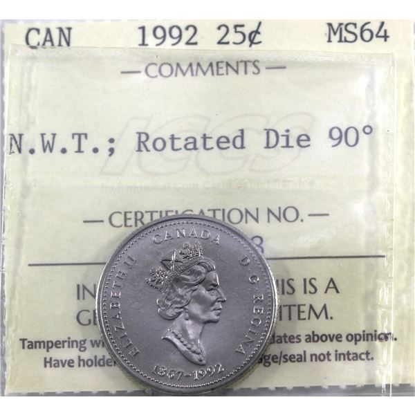 25-cent 1992 N.W.T. Rotated Dies 90 Degrees, ICCS Certified  MS-64