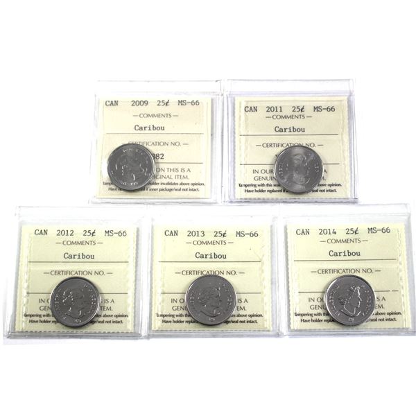 25-cent 2009,2011,2012,2013 & 2014 ICCS Certified MS-66. 5pcs