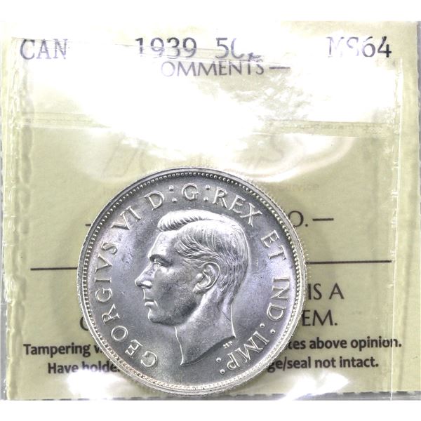 50-cent 1939 ICCS Certified MS-64. Blast white coin! Scarce is higher mint state grades.