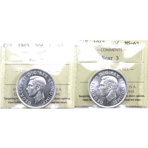 50-cent 1943 Near 3 & Far 3 Varieties Both ICCS Certified MS-63. Lustrous blast white coins! 2pcs