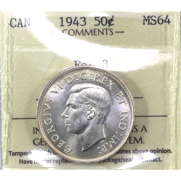 50-cent 1943 Far 3 ICCS Certified MS-64.