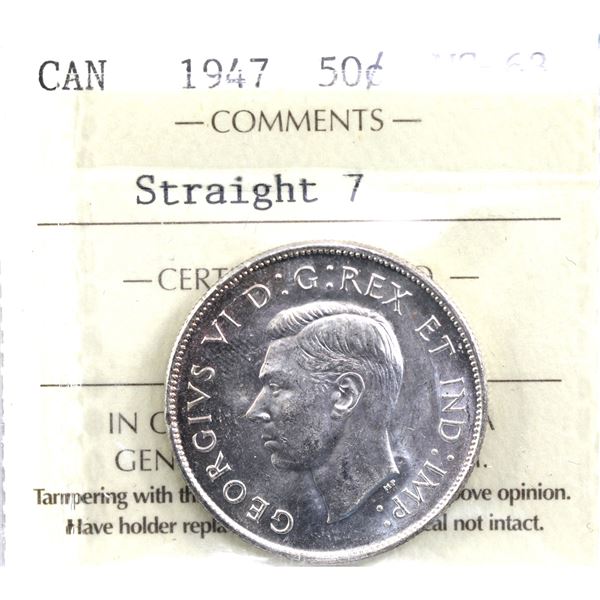 50-cent 1947 Straight 7 ICCS Certified MS-63. A nice brilliant coin.