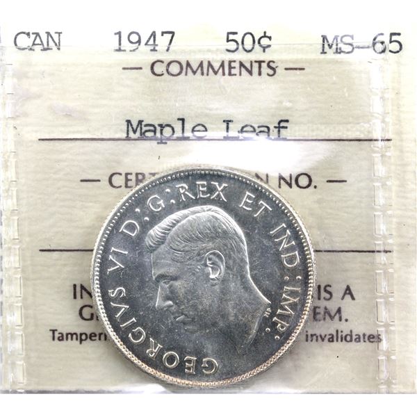 50-cent 1947 Maple Leaf ICCS Certified MS-65. In old embossed 2 letter holder. An exceptionally stun