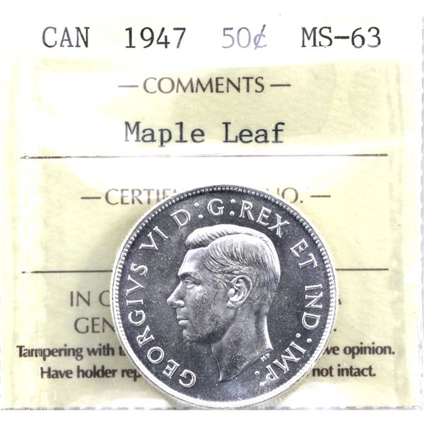 50-cent 1947 Maple Leaf ICCS Certified MS-63