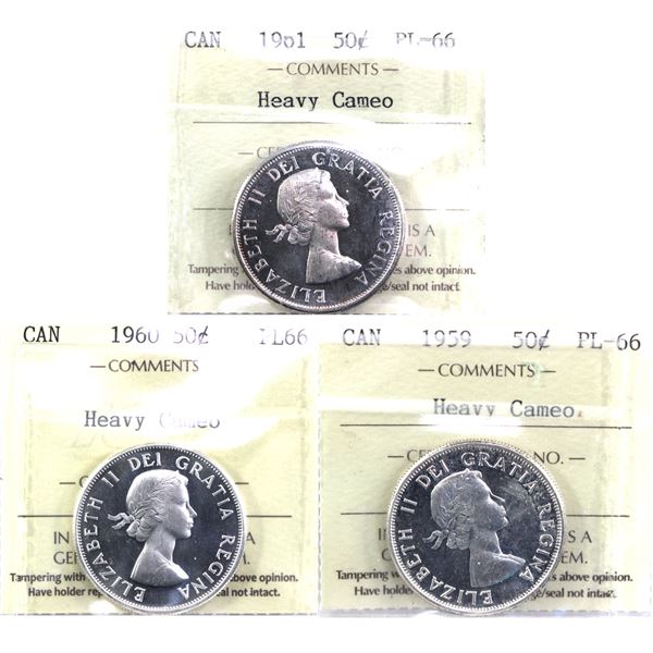 50-cent 1959, 1960 & 1961 ICCS Certified PL-66 Heavy Cameo. 3pcs