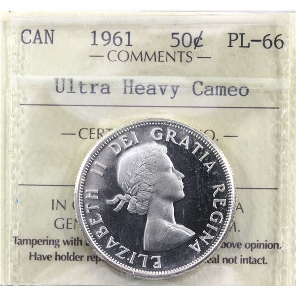 50-cent 1961 ICCS Certified PL-66 ULTRA HEAVY CAMEO! Full white mirror coin with exception eye appea