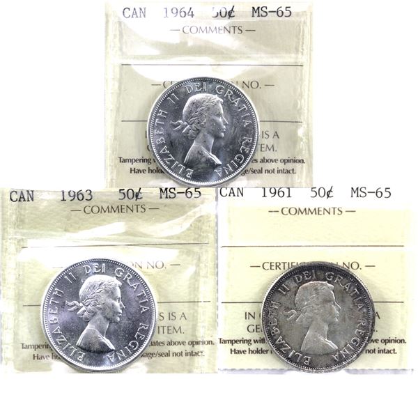 50-cent 1961,1963 & 1964 ICCS Certified MS-65. 3pcs