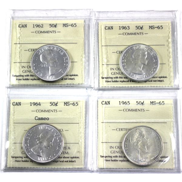 50-cent 1962, 1963, 1964 Cameo & 1965 ICCS Certified MS-65. All bright white coins. 4pcs