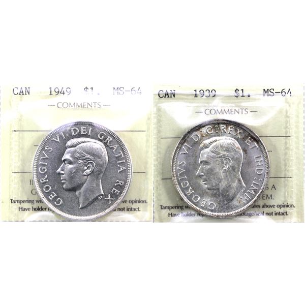 Silver $1 1939 & 1949 ICCS Certified MS-64. 2pcs