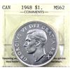 Image 1 : Silver $1 1948 ICCS Certified MS-62! *KEY DATE!* A bright well struck coin.