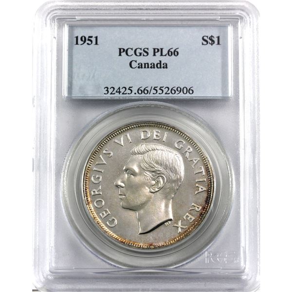 Silver $1 1951 PCGS Certified PL-66! Bold Strike details with subtle hints of golden tones along the