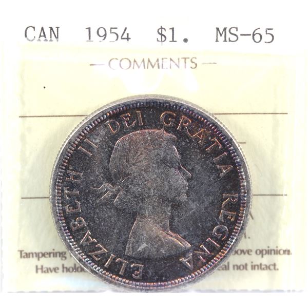 Silver $1 1954 ICCS Certified MS-65! Flashy fields with light golden reds and purple tones. *Scarce*