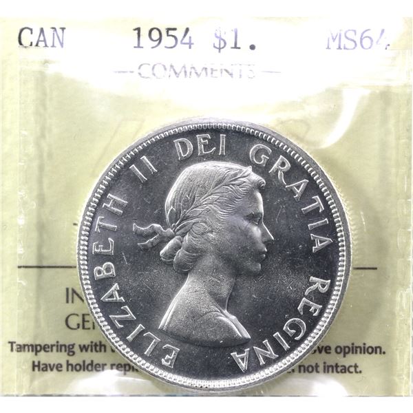 Silver $1 1954 SWL ICCS Certified MS-64.