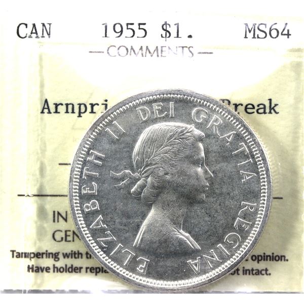 Silver $1 1955 Arnprior with Die Breaks ICCS Certified MS-64.