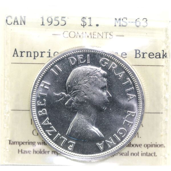 Silver $1 1955 Arnprior with Die Breaks, ICCS Certified MS-63. A nice Brilliant example of this vari