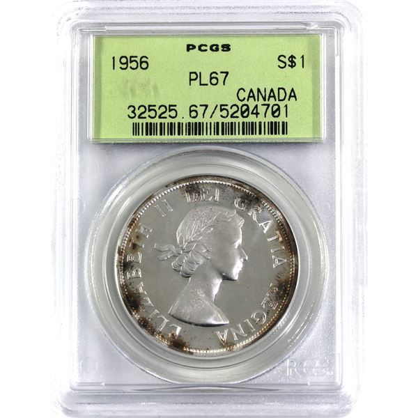 Silver $1 1956 PCGS Certified PL-67!  Some light toning around edges with white mirror finish and he