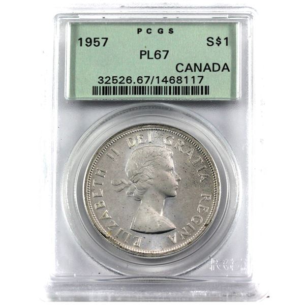 Silver $1 1957 PCGS Certified PL-67. Attractive satin finishes with hints of cameo.