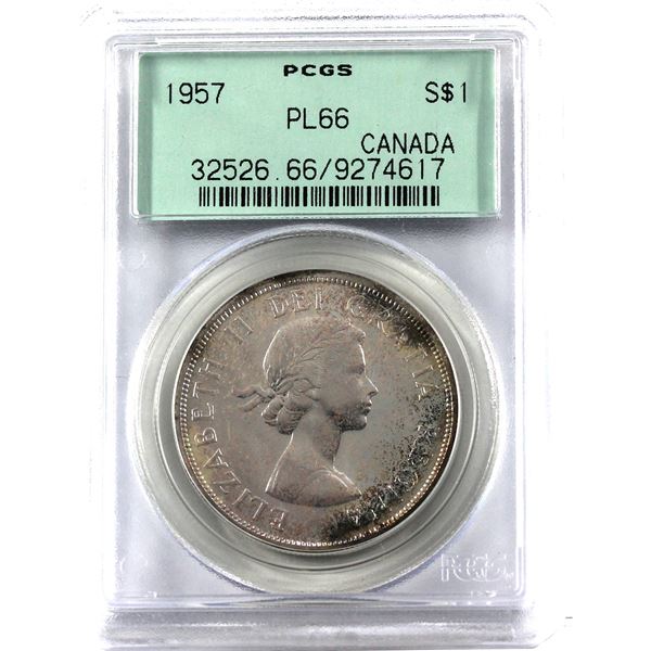 Silver $1 1957 PCGS Certified PL-66. Light rose toning throughout obverse.