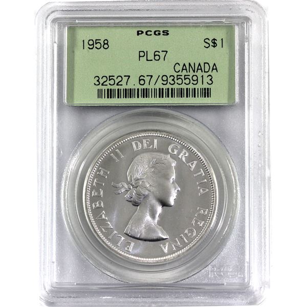 Silver $1 1958 PCGS Certified PL-67. A full white coin with light to medium cameo accents.