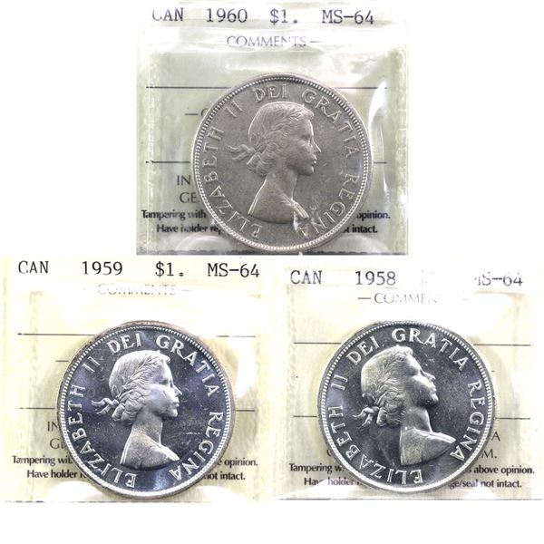 Silver $1 1958,1959 & 1960 ICCS Certified MS-64. 3pcs