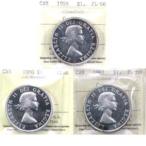 Silver $1 1959 Cameo, 1960 Cameo & 1961 Cameo ICCS Certified PL-66. 3pcs