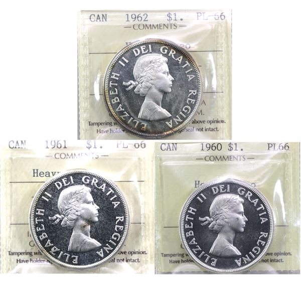 Silver $1 1960,1961 & 1962 ICCS Certified PL-66 Heavy Cameo. 3pcs