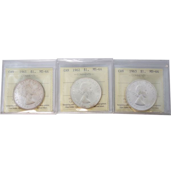 Silver $1 1961, 1962 & 1963 ICCS Certified MS-64. 3pcs