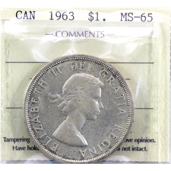 Silver $1 1963 ICCS Certified MS-65. Lightly toned.