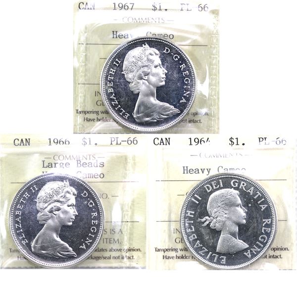 Silver $1 1964, 1966 Large Beads & 1967 ICCS Certified PL-66 Heavy Cameo. 3pcs