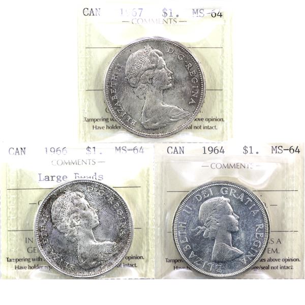 Silver $1 1964, 1966 Large Beads & 1967 ICCS Certified MS-64. 3pcs