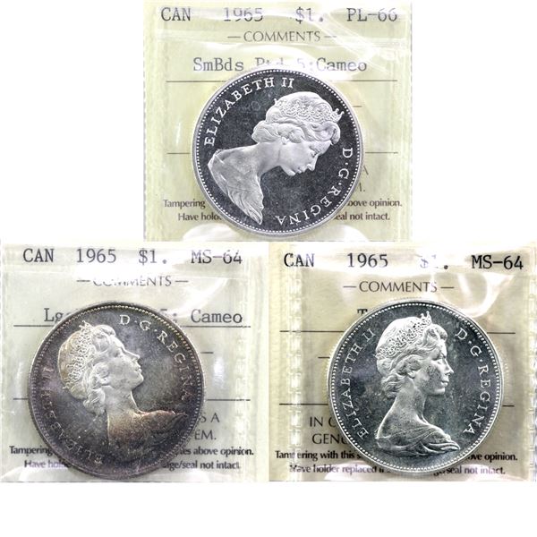 Silver $1 1965 Type V MS-64, 1965 LgeBds Blunt 5 Cameo MS-64 & 1965 SmBds Ptd 5 Cameo PL-66 all ICCS