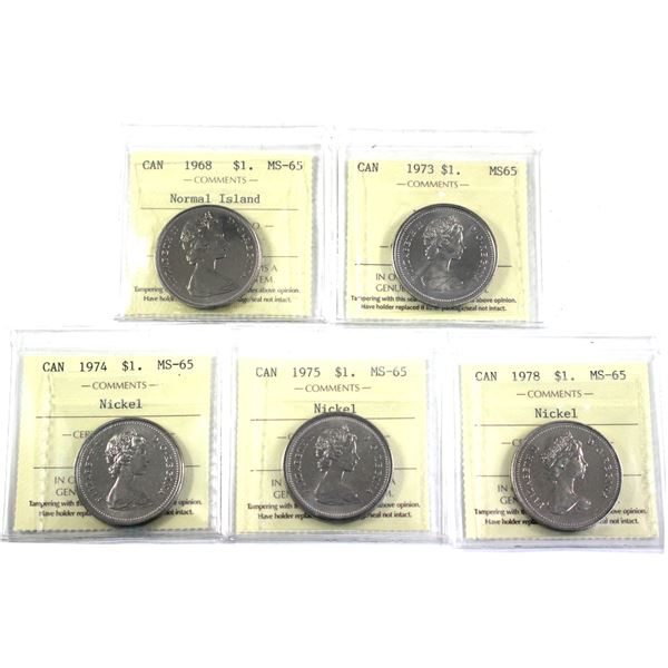 Nickel  $1 1968 Normal Island, 1973, 1974, 1975 & 1978 ICCS Certified MS-65. 5pcs