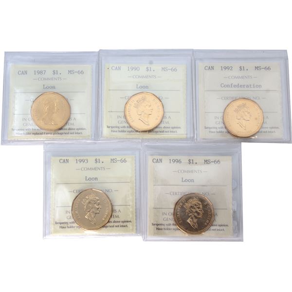 Loon $1 1987, 1990, 1992 Confederation, 1993 & 1996 ICCS Certified MS-66. 5pcs