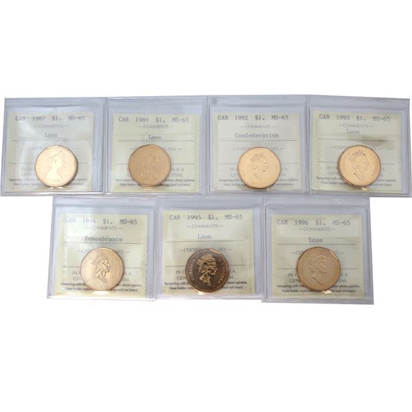 Loon $1 1987, 1989, 1992 confederation, 1993, 1994 remembrance, 1995 & 1996 ICCS Certified MS-65. 7p