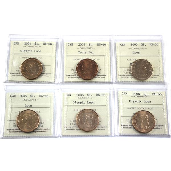 Loon $1 2004 Olympic, 2005 Terry Fox, 2005,2006,2006 Olympic & 2008 Olympic ICCS Certified MS-66. 6p