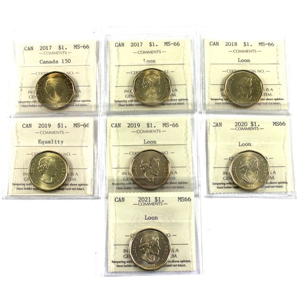 Loon $1 2017 Canada 150, 2017,2018,2019 Equality, 2019,2020 & 2021 ICCS Certified MS-66. 7pcs