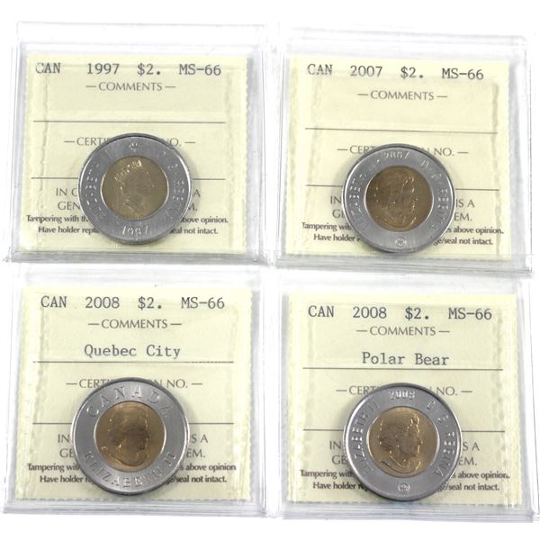 $2 1997,2007,2008 Quebec City & 2008 ICCS Certified MS-66. 4pcs