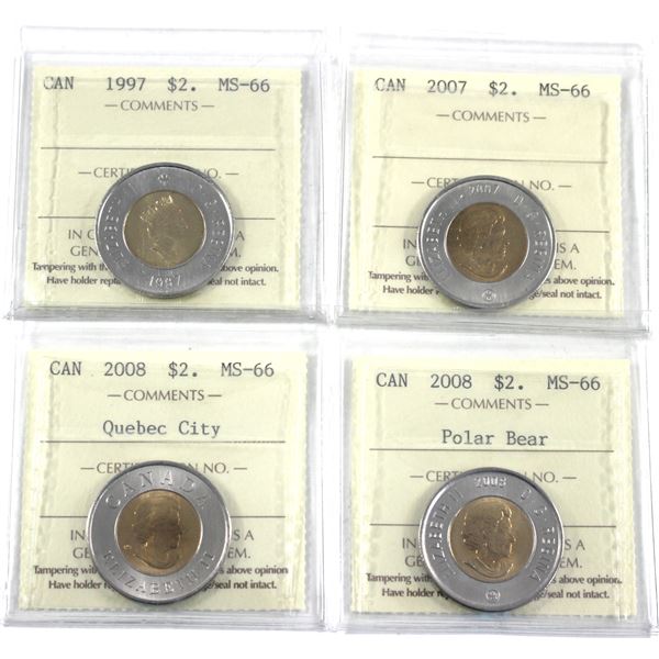 $2 1997,2007,2008 Quebec City & 2008 ICCS Certified MS-66. 4pcs