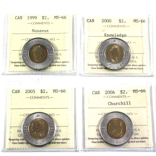 $2 1999 Nunavut, 2000 Knowledge, 2005 & 2006 Churchill ICCS Certified Ms-66. 2pcs