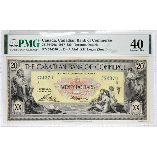 75-16-04-20a 1917 The Canadian Bank of Commerce $20, Aird-Logan S/N:374370-D.  PMG Certified EF-40 .