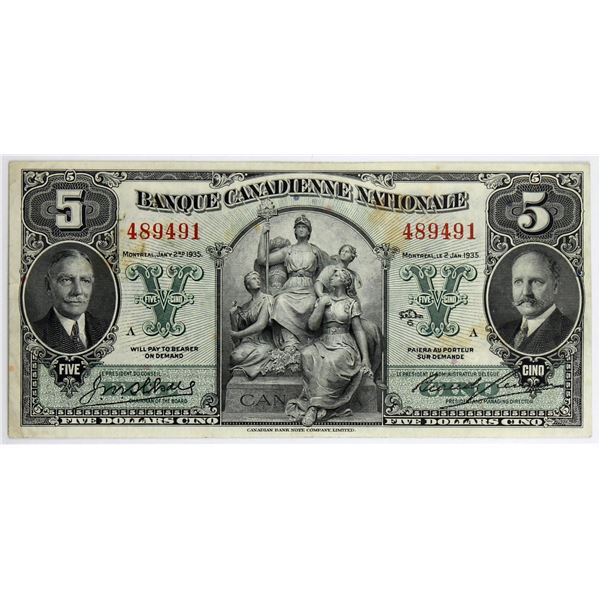 85-14-02 1938 Banque Canadienne Nationale $5 Wilson-Leman S/N: 489491-A. A VF-EF Note.