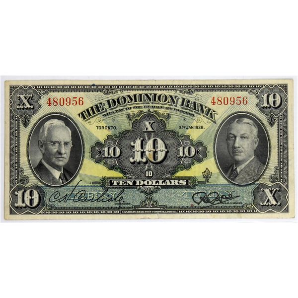 220-28-04 1938 The Dominion Bank $10, Carlisle-Rae S/N: 480956. A Solid VF Note.